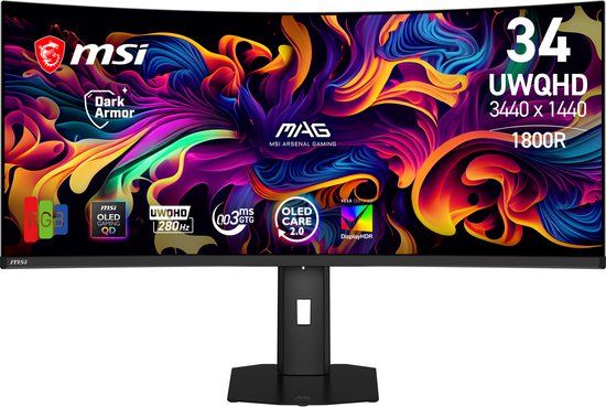 MSI MAG 341CQP QD-OLED X28 - Curved UWQHD QD-OLED Gaming Monitor - 280Hz - 34 inch - USB-C 15W PD