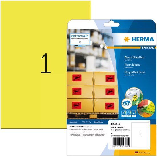 Merkloos Herma Labels luminous yellow 210x297 SuperPrint 25 pcs.