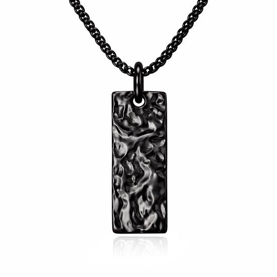 Mendes Zwarte Heren Ketting met Rechthoekige Hamerslag Hanger