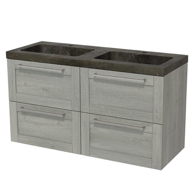 Maxaro Badkamermeubel 120cm Modulo Grijs Eiken 4 lades Kader Wastafel Natuursteen Blue Stone