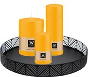 Wiedemann Bougies cylindriques - set de bougies coniques - sur plateau noir en métal - 3x pièces - jaune - 6 x 12 - 10x15 - 7x20 cm