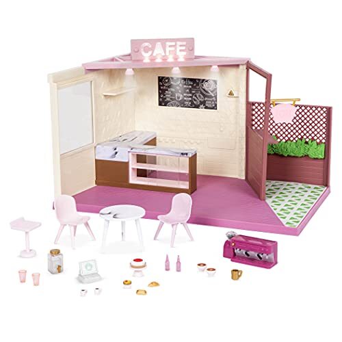 Lori Café set accessoires voor poppen van 15 cm, poppenhuis met poppenaccessoires, meubels, toonbank, eten, koffiezetapparaat, tafels, stoelen, speelgoed voor kinderen vanaf 3 jaar