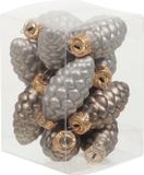 Othmar Decorations Bv 12x Dennenappel kersthangers/kerstballen eucalyptus grijs/bruin van glas - 6 cm - mat/glans - Kerstboomversiering