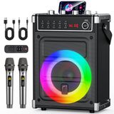 JYX karaokemachine met 2 UHF draadloze microfoons, bas/treble Bluetooth-luidspreker met LED-licht, ondersteuning TWS, AUX In, FM, REC, levering voor feest/volwassenen/kinderen - zwart