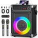 JYX karaokemachine met 2 UHF draadloze microfoons, bas/treble Bluetooth-luidspreker met LED-licht, ondersteuning TWS, AUX In, FM, REC, levering voor feest/volwassenen/kinderen - zwart