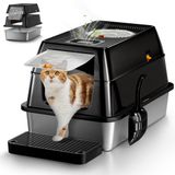 Merkloos Kattenbak gesloten XXL - Roestvrij staal - 60 x 40 x 40 cm - Met deksel en schep - Zwart - Voor grote katten