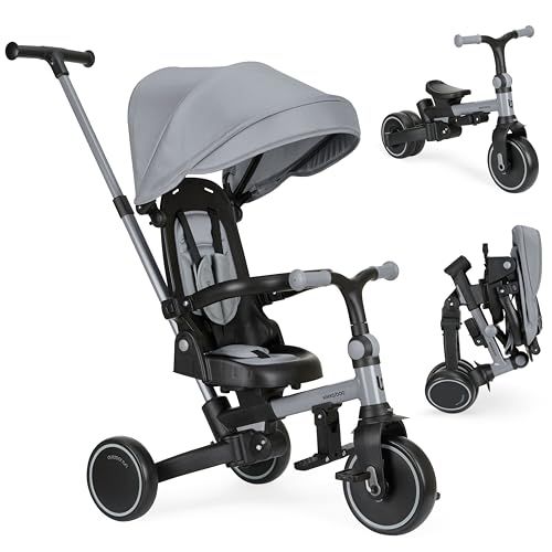 KikkaBoo Aluminium 8-in-1 driewieler, inklapbaar, omkeerbare zitting, verstelbare kap, aluminium frame, 5-punts riem, kinderfiets, 1-5 jaar, grijs