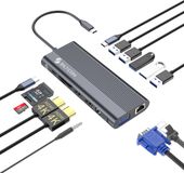 Siltcon® 14 in 1 USB C Hub - Docking Station Laptop - 3 Schermen - 2x HDMI 4K - 1x VGA - RJ45 Gigabit - USB C 3.1 / USB A 3.1 - 100W PD - Thunderbolt - Plug & Play - Universeel Voor Laptops – SD & TF Lezer - Spacegrey