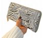 Portefeuille pour femmes, grand, en similicuir - 19,5x10 cm - gris, à motif de feuilles - avec fermeture éclair