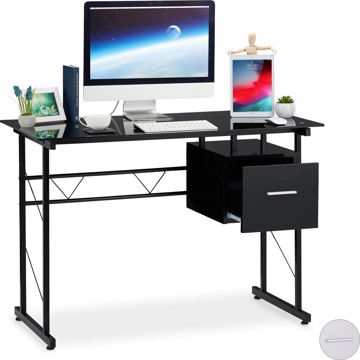 Relaxdays computertafel met lade - pc tafel glas - bureau - laptopbureau zwart