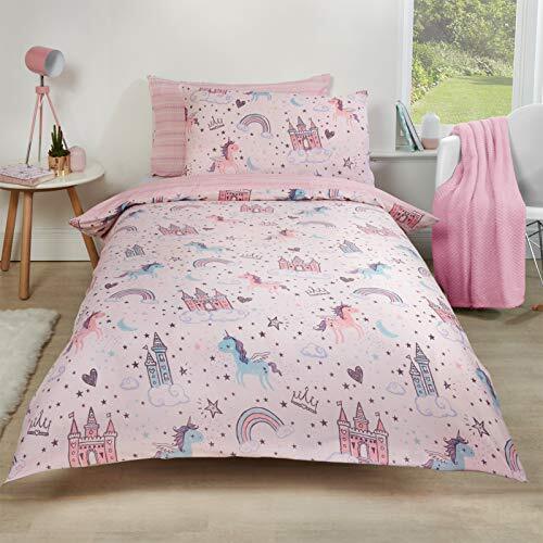 Dreamscene Unicorn Kingdom-beddengoedset, eenpersoonsbed, polykatoen, polyester 50% katoen, blush pink, UNICKING01