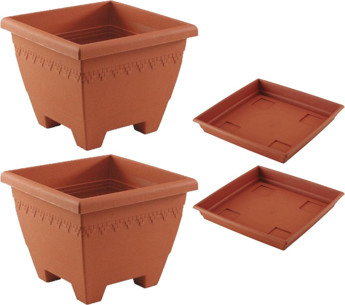 Hega hogar 3x vierkante plantenbakken/potten 35 x 35 x 27 cm terra cotta kleur met opvangschaal - Kunststof - Buiten gebruik