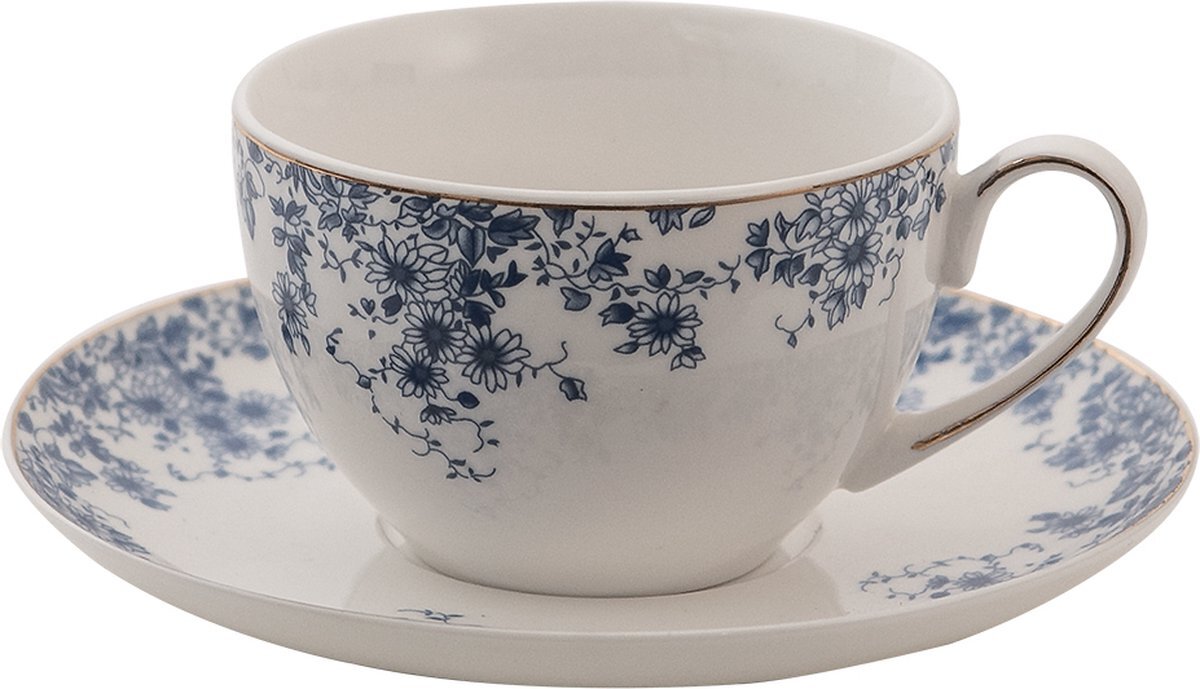 Clayre & Eef Kop en schotel 12*9*5 cm / Ø 15*2 cm / 200 ml Wit Blauw Porselein Bloemetjes Servies Cadeau voor haar Cappuccino