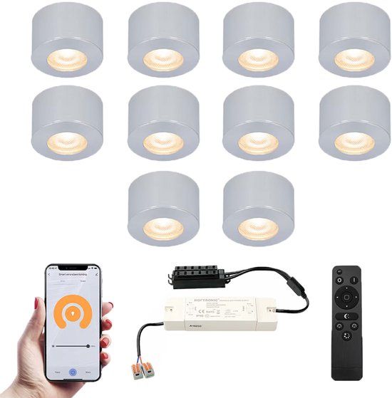 HOFTRONIC Navarra Smart LED Mini opbouwspots - Set van 10 - RVS - 12V 3W 200lm - Dimbaar - Wifi & Bluetooth - 2700K - IP44