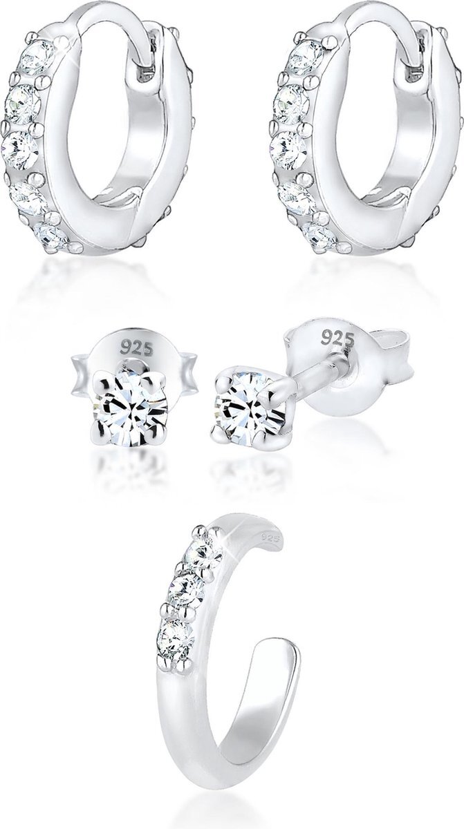 Elli Oorbellen Oorringen Stekers Earcuff Set van 3 Swarovski® Kristallen 925 Zilver