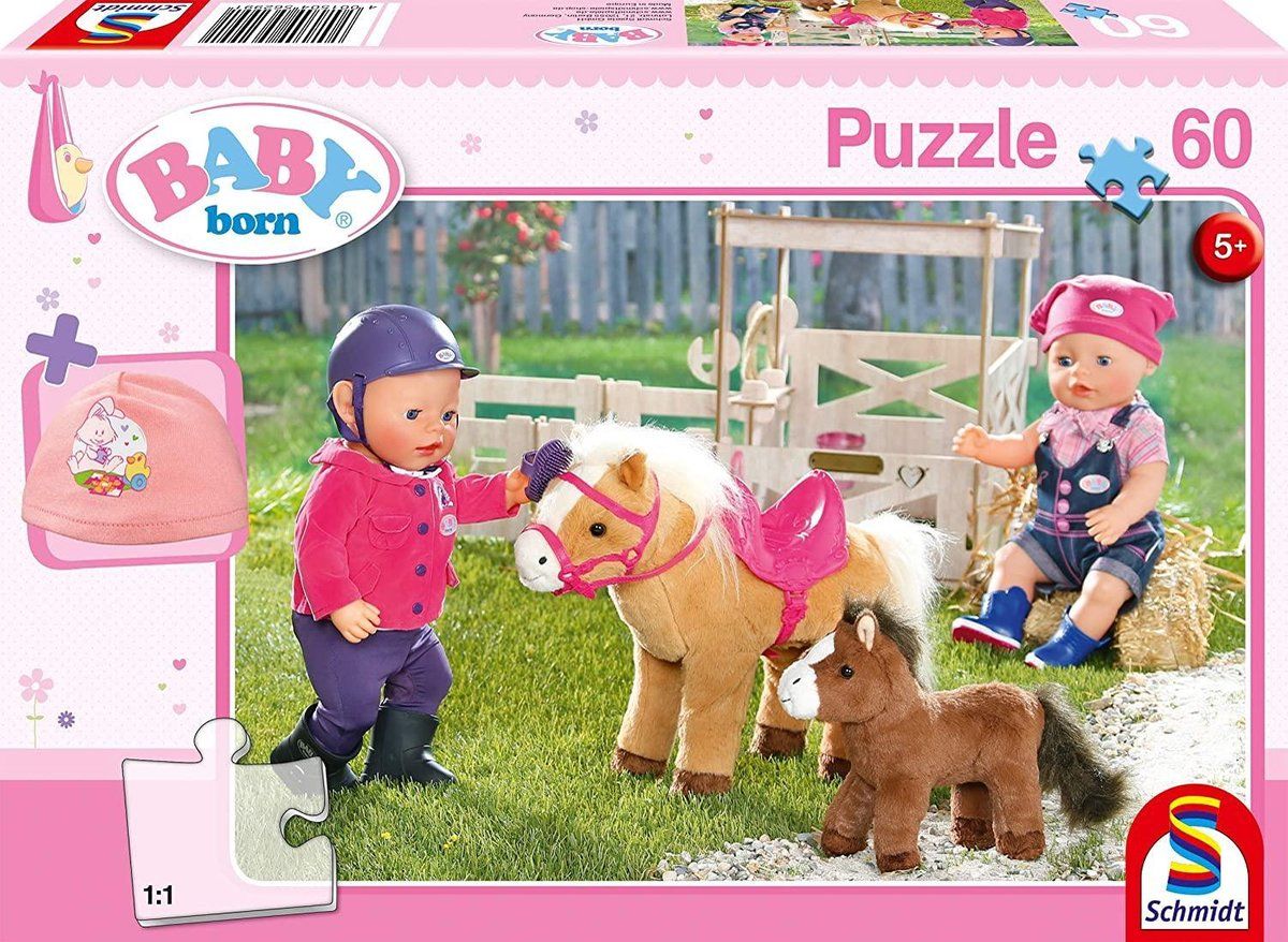 Schmidt Puzzel 56299 Baby Born, op de ponyhof, 60 delen kinderpuzzel