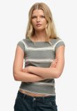 Superdry Athletic Off Shoulder Top Femme Manches Courtes Coton Polyester Griffin Gris Chiné Rayé Taille 12