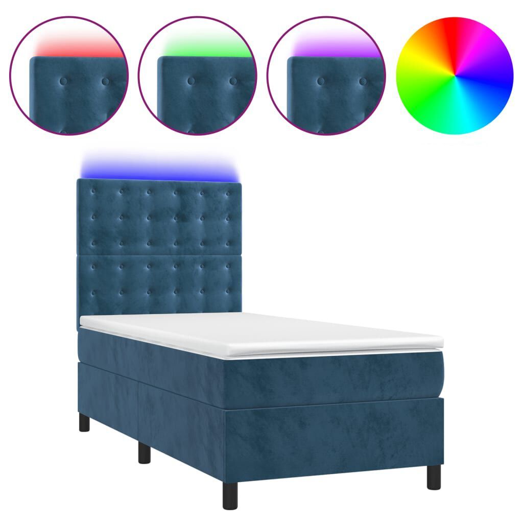 vidaXL Boxspring met Matras en LED Fluweel Donkerblauw 90x190 cm