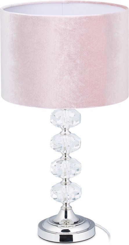 Relaxdays Tafellamp - Fluweel - E14 - Kristal - Roze/Zilver