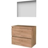 Basic-Line Basic 46 Ensemble de meubles de salle de bain - 80 x 46 cm - Sans poignée - 2 tiroirs - Plan vasque - Miroir - Chêne whisky