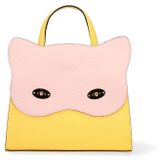 Sac à main pour femmes, en cuir, orange et blanc, avec un motif de chat. Fabriqué en Italie