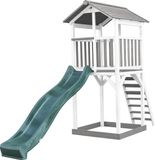AXI Beach Tower Speeltoestel in Grijs/Wit - Speeltoren met Zandbak en Groene Glijbaan - FSC hout - Speelhuis op palen voor de tuin