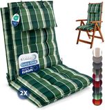 Beautissu Sun-HL - Set van 2 Premium Hoge Rugleuning Kussen met Hoofdkussen 120x50 cm – UV-bestendig & 8cm Dik Kussen Tuinstoelkussen Antislip Bevestigingsbanden – Stevige Stof Groen geblokt