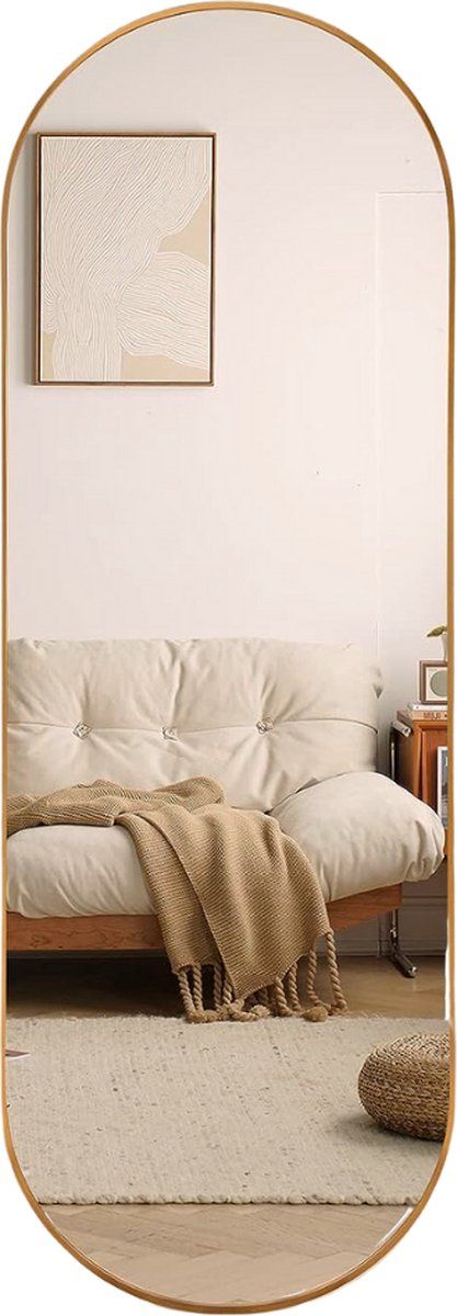 SensaHome Oval Passpiegel - Minimalistische Design Wandspiegel - Staande Spiegel met Metalen Rand - Modern - Kleedkamer Spiegel - 50x160CM - Goud