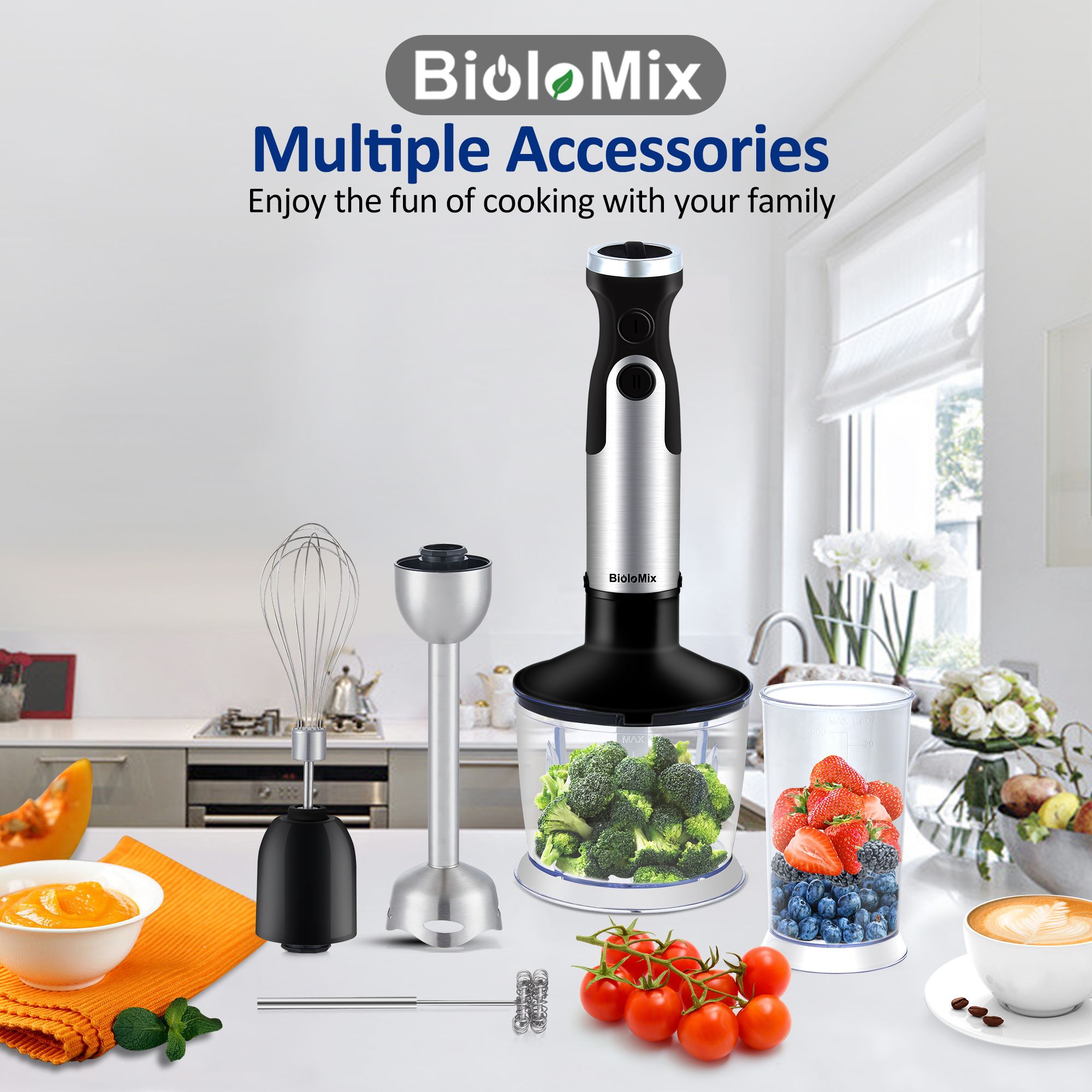 BioloMix 1200W 5-in-1 Hand Blender Set - Mixer, Chopper, Whisk