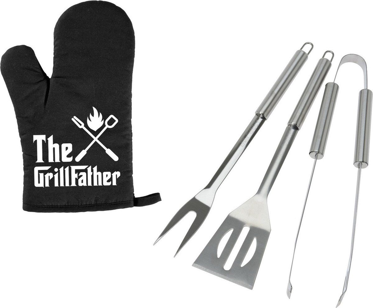 BBQ gereedschap set 3-delig RVS - Met BBQ handschoen The Grillfather - Vaderdag cadeau