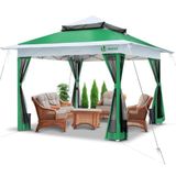 VOUNOT 3,6 m x 3,6 m pop-up tuinhuisje met gaaszijkanten, tuin dubbel dak partytent met beengewichten en roltas, groen