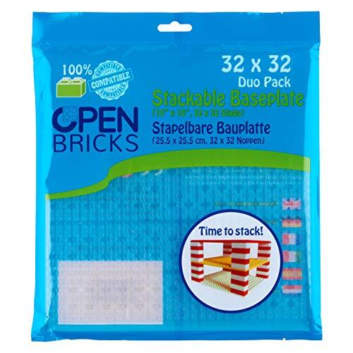 OPEN BRICKS Bouwplaten, 32 x 32 (25,5 x 25,5 cm), transparant wit/transparant helder, 2 stuks, compatibel met alle toonaangevende merken, aan beide zijden te bouwen.