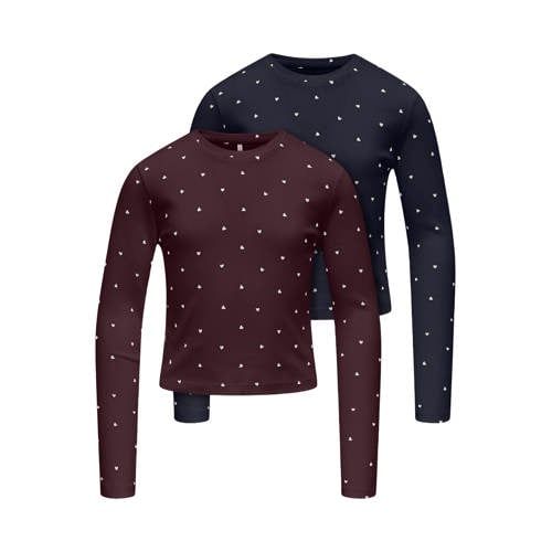 ONLY KIDS ONLY GIRL longsleeves met hartjes - donkerrood (set van 2)