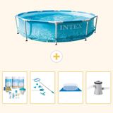 Intex Rond Frame Zwembad - 305 x 76 cm - Waterprint - Inclusief Onderhoudspakket - Schoonmaakset - Grondzeil - Zwembadfilterpomp - 5-delig