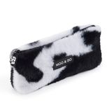 Back2Fun - Zachte pluche etui met ritssluiting en siliconen handvat, ideaal voor schoolmateriaal, make-up of accessoires, zwart, 210 x 85 x 42 mm, zwarte koeienprint