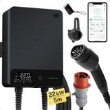 Borne de recharge pour véhicules électriques - Type 2 - 22 kW - 3 phases - Avec application WLAN - 32 A - câble de 5 mètres - Noir