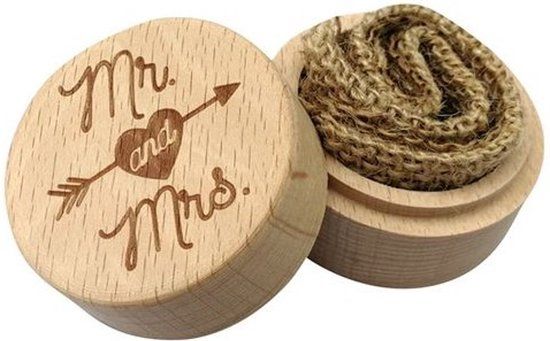 Houten ringendoosje Mr & Mrs met pijl en hartje - Trouwring - Bruiloft - Beige/Bruin