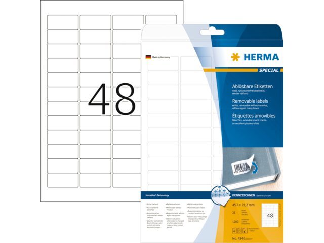 HERMA Etiket 4346 45.7x21.2mm verwijderbaar wit 1200stuks