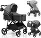 Poussette 2-en-1 - Système de poussette/landau combiné - Pliable - Siège réversible - Pare-soleil réglable - Grand panier de rangement - Convient à partir de 12 mois - Gris foncé