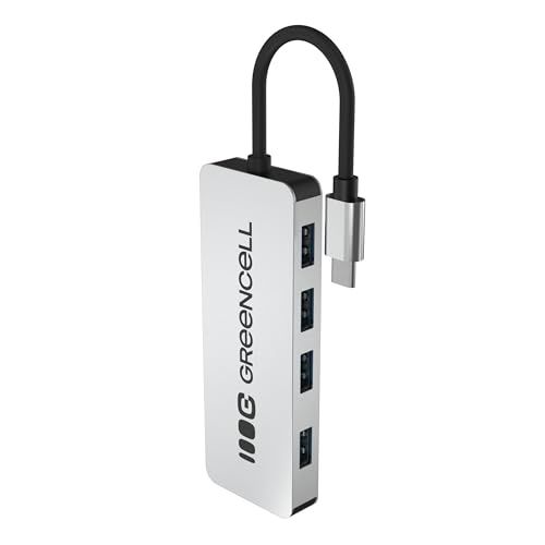 Green Cell USB-C HUB 4-in-1 adapter, USB-C naar 4 x USB-A 3.0, aluminium behuizing, gegevensoverdracht tot 5 Gbit/s, plug & play, verdeler compatibel met MacBook, Dell, Lenovo, HP, ASUS, 15 cm kabel