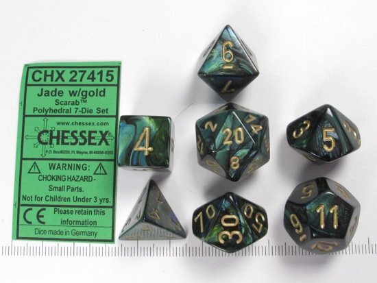 Chessex dobbelstenen set 7 polydice Scarab Jade w/gold