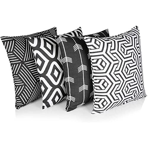 Penguin Home 100% Katoen Decoratieve Dubbelzijdige Vierkante Kussenhoezen Met Onzichtbare Rits 4-Delige Set, 45 cm Lengte x 45 cm Breedte, Zwart/Wit Patroon, 45 x 45 cm