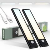 Brendz LED Kastverlichting met bewegingssensor, 2 x 20 cm, USB-C Oplaadbaar, Dimbaar, Magnetisch, 3 Kleurtemperaturen, Draadloos, Kastverlichting op Batterij, Zwart