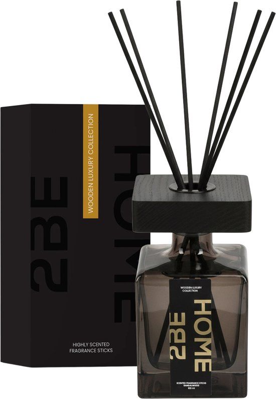 2BEHOME Geurstokjes Sandalwood – 200 ml Luxe Geurverspreider met Rietstokjes – Langdurige Warme Houtgeur voor Woonkamer, Badkamer & Slaapkamer, Wooden Luxury Collection, Huisparfum in Glazen Fles
