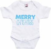 Bellatio Decorations Kerst baby rompertje - wit - glitter blauw - Merry Christmas - Kerst cadeau 92