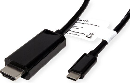 Roline USB-C naar HDMI adapterkabel, M/M, 2m, Zwart
