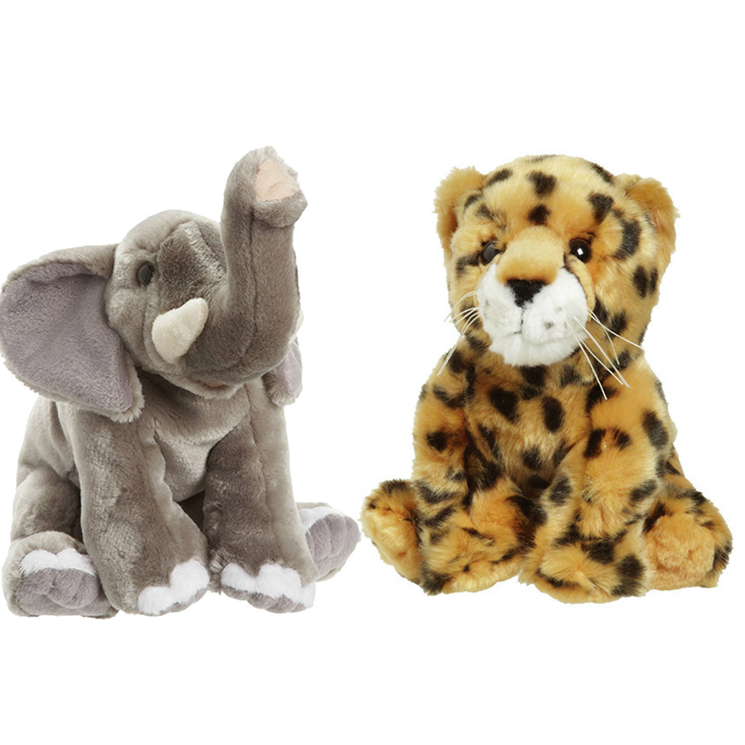 Nature Planet zachte pluche knuffels 2x stuks - cheetah en olifant van 18 cm - knuffeldier