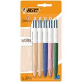 BIC 4 kleuren houten stijl intrekbare balpennen medium punten (1,0 mm) met houteffectvat - verpakking van 5 stuks