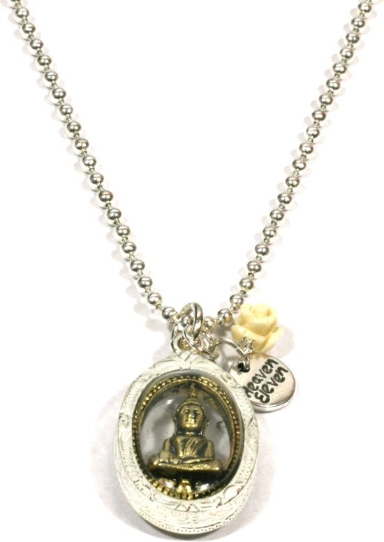 Heaven Eleven - dames ketting - Edelstaal ballchain 2mm RVS - buddha in kastje - 74cm