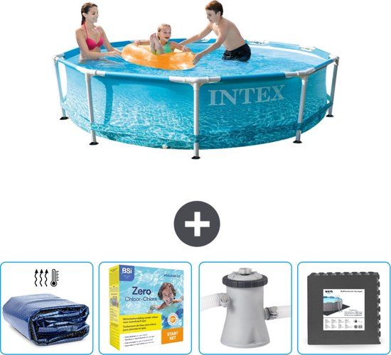 Intex Rond Frame Zwembad - 305 x 76 cm - Waterprint - Inclusief Solarzeil - Onderhoudspakket - Zwembadfilterpomp - Vloertegels